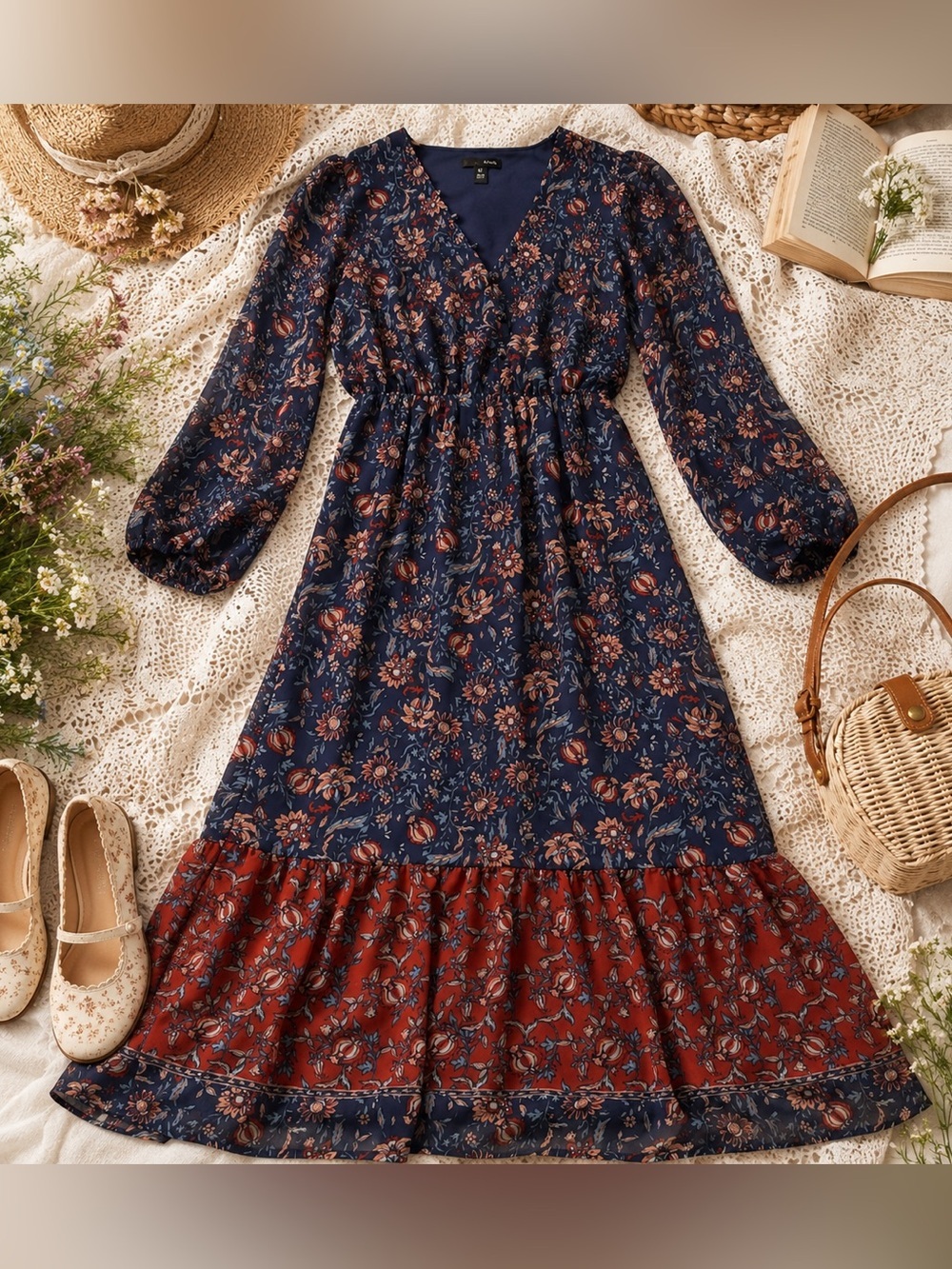 Aqua Floral Sheer Sleeve Lined Maxi Dress - Navy & Rust XS Fits A Small
